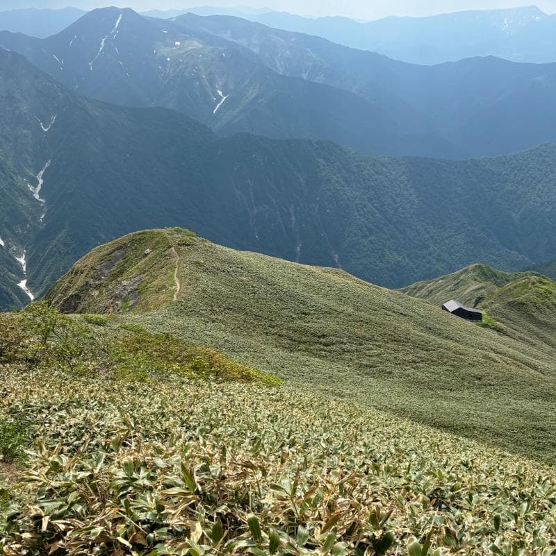 茂倉岳から避難小屋を見る